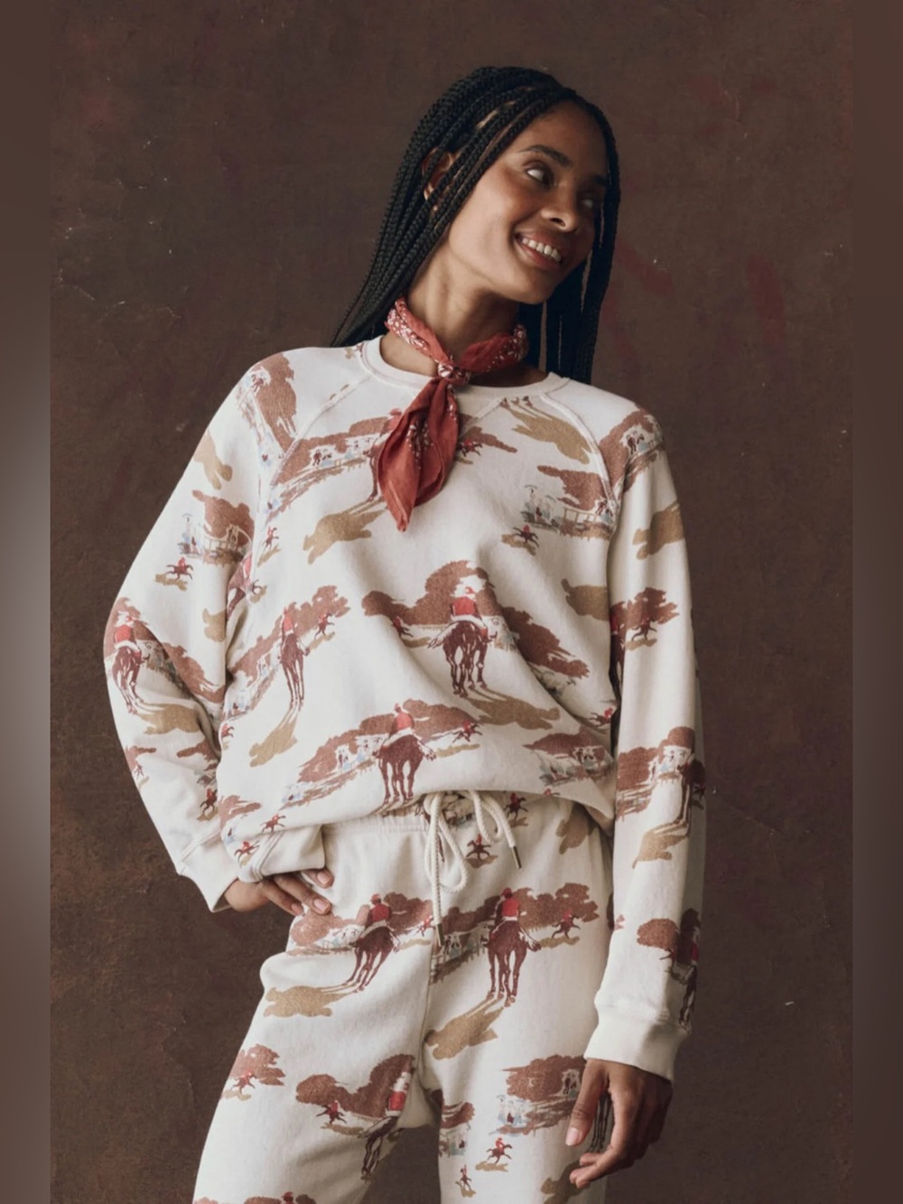 THE GREAT. Cream Western Print Sweatshirt in Brown & Tan